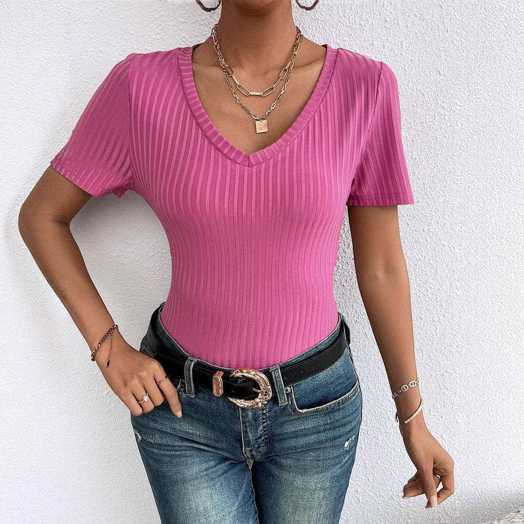 Damen V-Ausschnitt Kurzarmshirt mit feiner Rippstruktur Drune