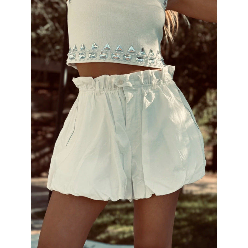 Damen modische Shorts mit elastischem Bund und dekorativem Rüschensaum Drune