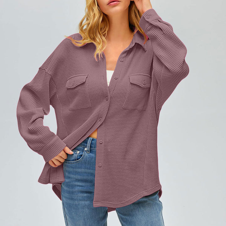 Damen nan oversized Waffelstrick Hemdjacke mit Brusttaschen und Knopfleiste Drune