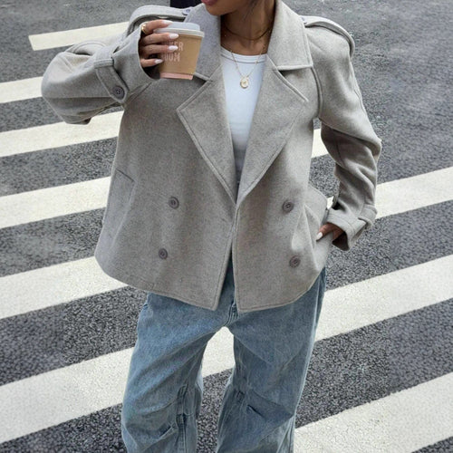 Damen modische Wolle-Lapel-Jacke mit Doppelreihe Drune