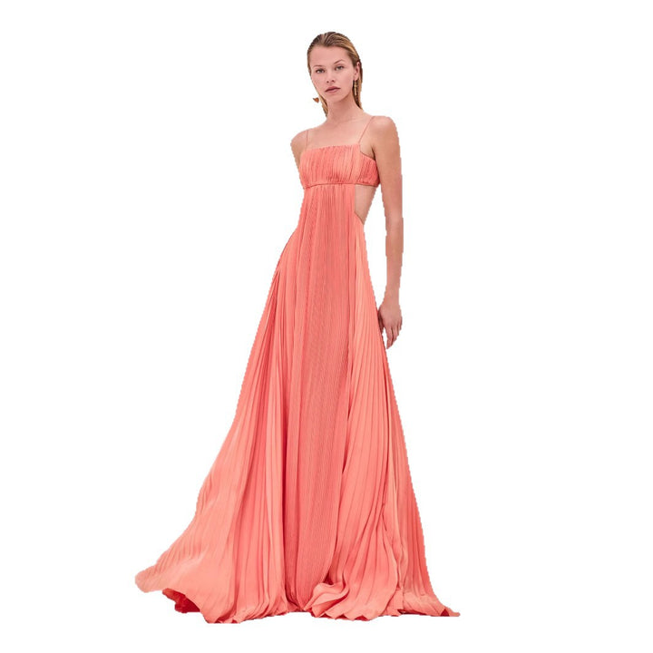 Damen Maxi-Kleid mit eleganter Plisseedetails und schmalen Spaghettiträgern Drune