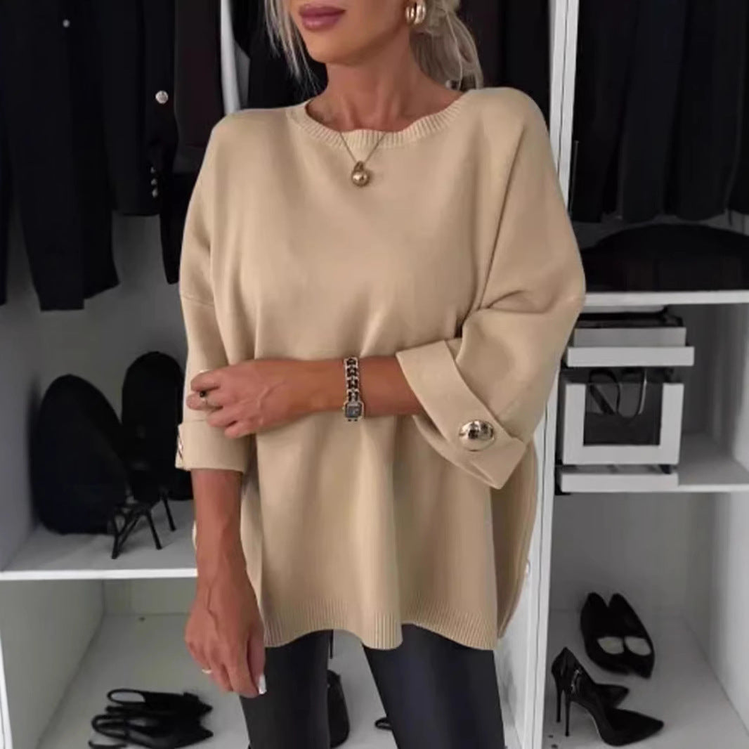 Damen modischer oversized Pullover mit eleganten Knopfdetails Drune