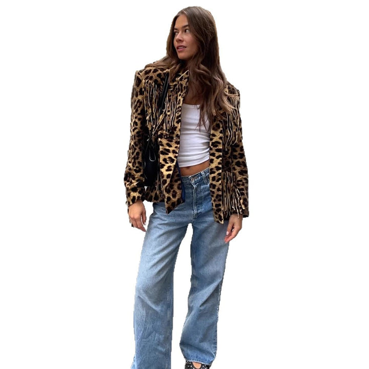 Damen Leoparden-Wildlederjacke mit Fransen und modischem Schnitt Drune