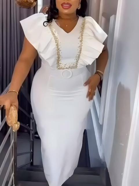Damen Elegantes Maxikleid mit dekorativen Rüschen und schimmerndem Gürtel Drune