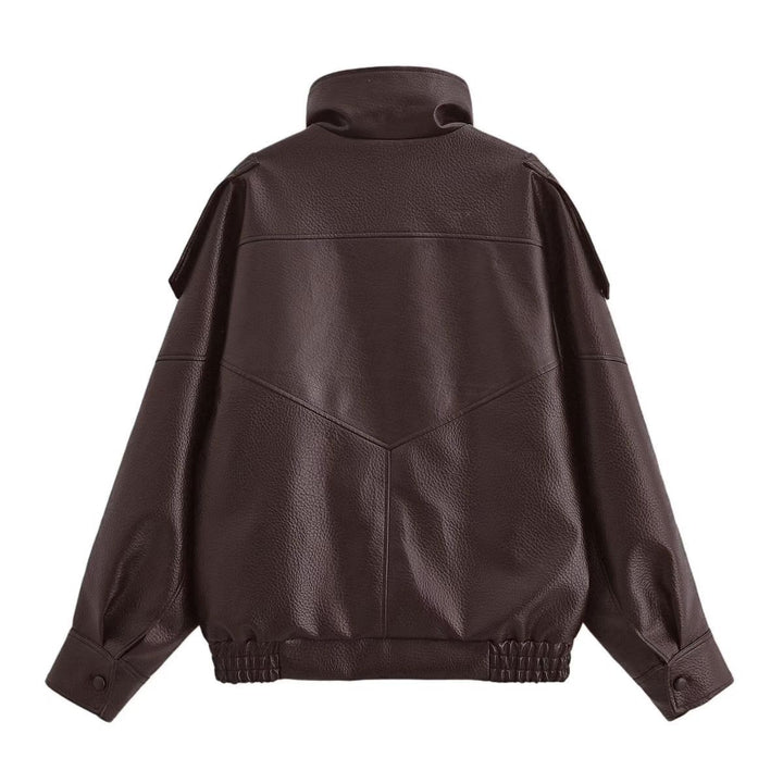 Damen nan Oversize Kunstleder-Bomberjacke mit hohem Stehkragen, Druckknopfblende und smockbündchen Drune