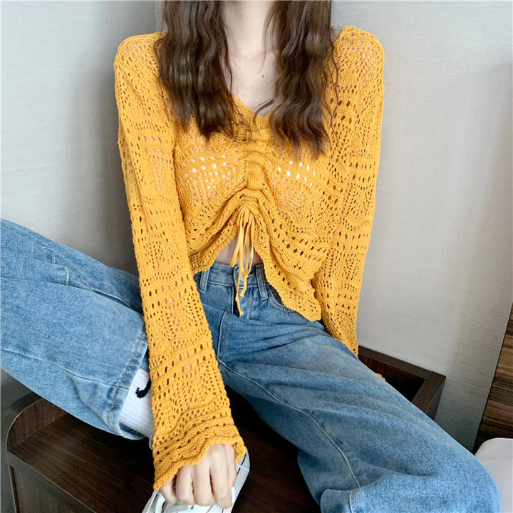 Damen luftiger Strickpullover mit Drop-Shoulder-Design und Kordelzug Drune