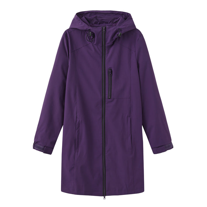 Damen nan lange schlanke Funktionsregenjacke mit durchgehendem Reißverschluss Brustreißverschlusstasche und Klettmanschetten Drune