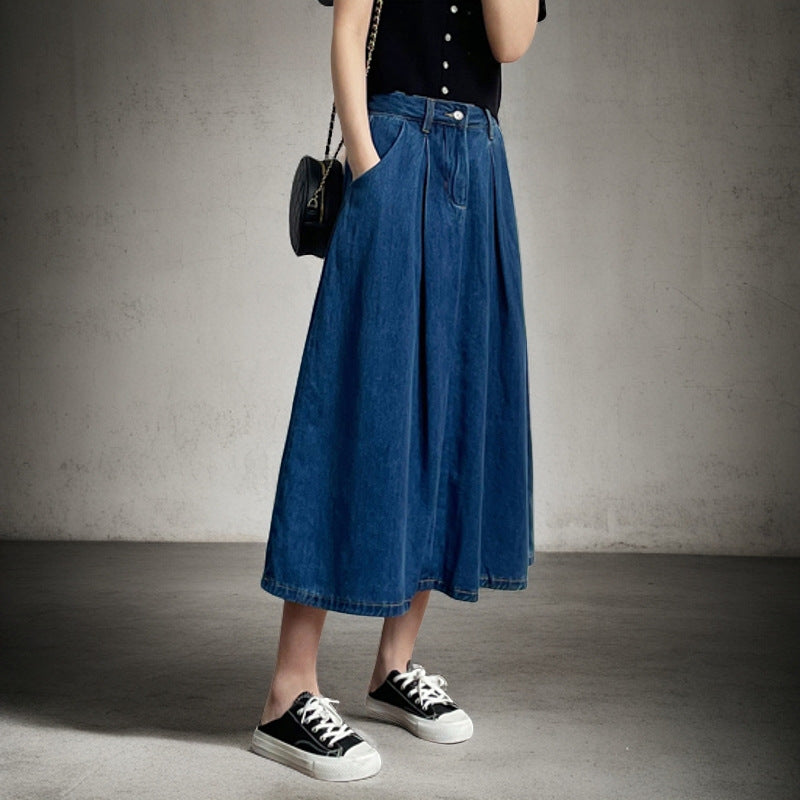 Damen Langer Jeansrock mit Falten und seitlichen Taschen Drune