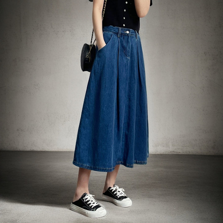 Damen Langer Jeansrock mit Falten und seitlichen Taschen Drune