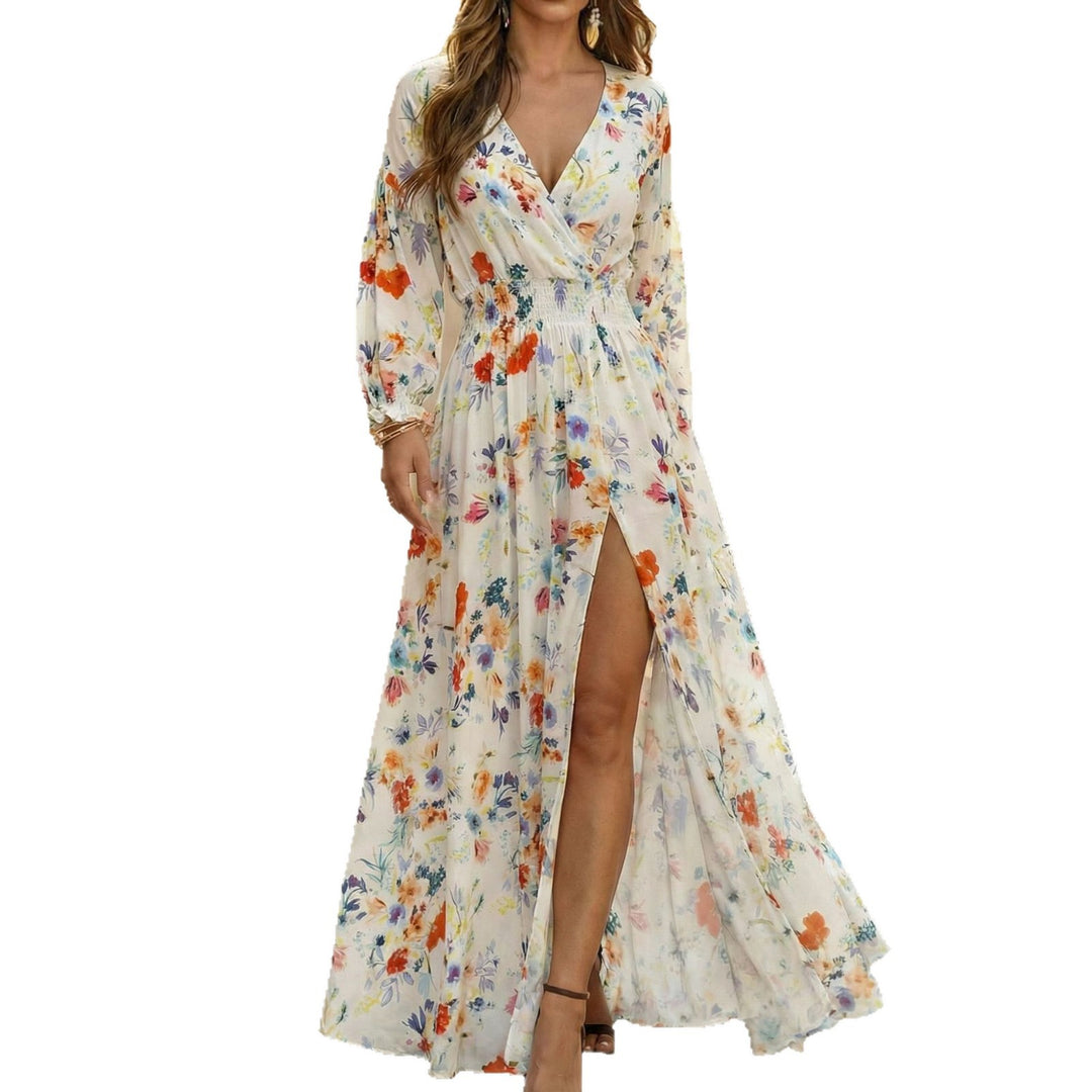 Damen nan fließendes Maxikleid mit Wickeloberteil, geraffter Smoktaillenpartie und hoher Beinschlitz Drune