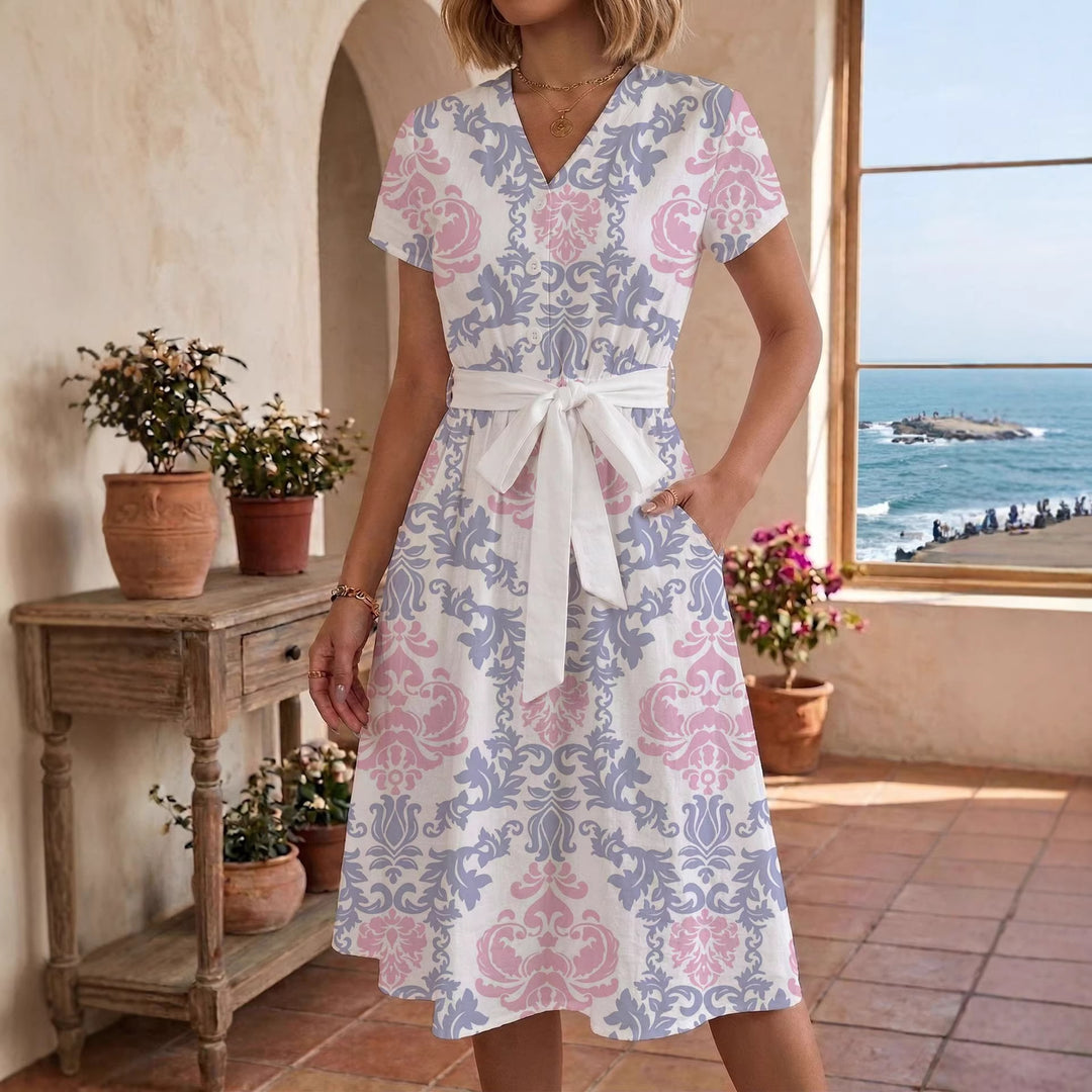 Damen Sommerliches Kleid mit taillierbarem Bindegürtel und floralem Muster Drune