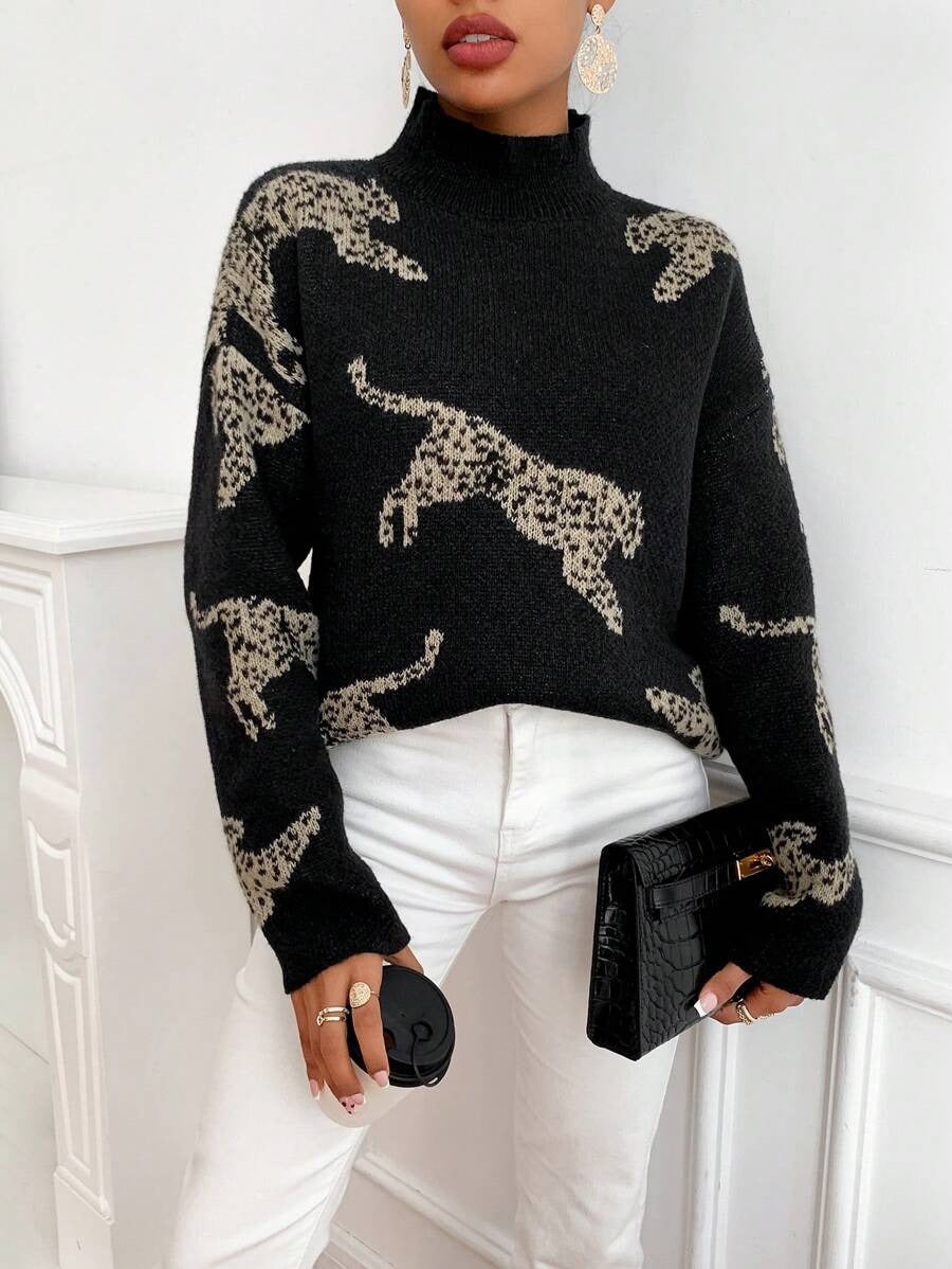 Damen Strickpullover mit kreativem Tiermotiv und hohem Kragen Drune