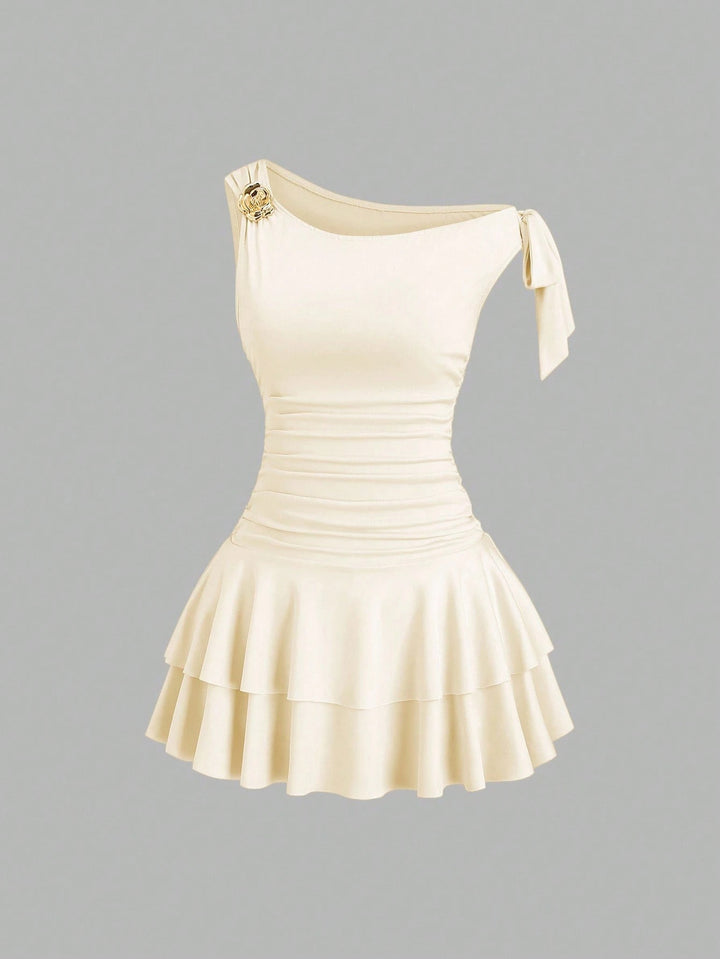 Damen elegantes Wickelkleid mit asymmetrischem Saum und raffiniertem Kordelzug Drune