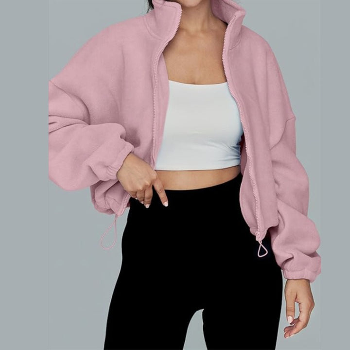 Damen lässige Fleece-Jacke mit hohem Kragen und Kordelzug Drune