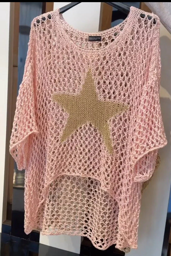 Damen nan oversized gehäkelter Pullover mit Sternapplikation und 3/4-Ärmeln Drune