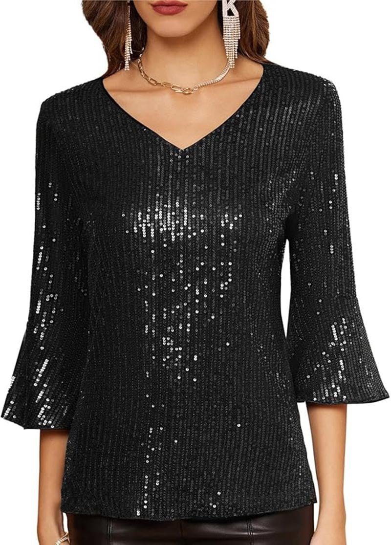 Damen Glamouröses Strickoberteil mit V-Ausschnitt und funkelnden Akzenten Drune