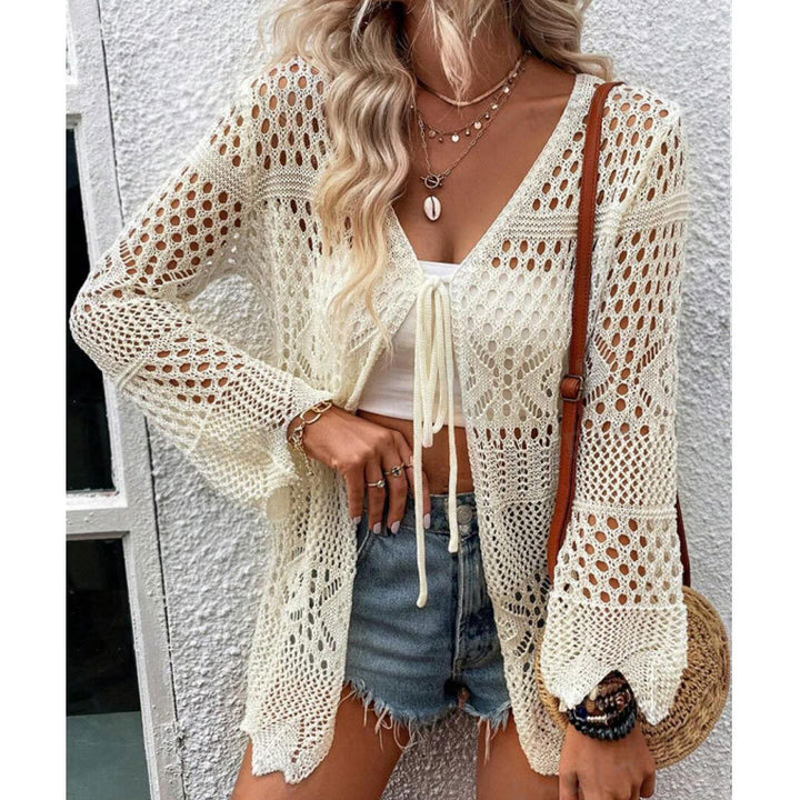 Damen Strick-Cardigan mit offenen Maschen und Binde-Detail Drune
