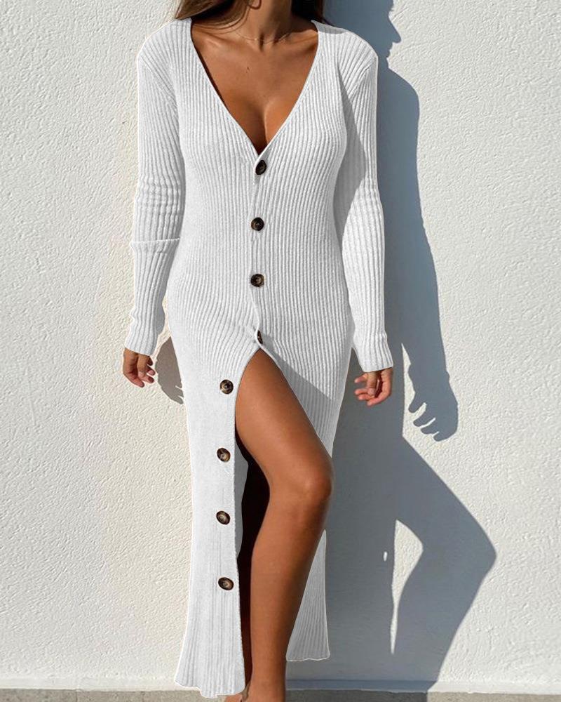 Damen Langarm Kleid mit durchgehender Knopfleiste und seitlichem Schlitz Drune