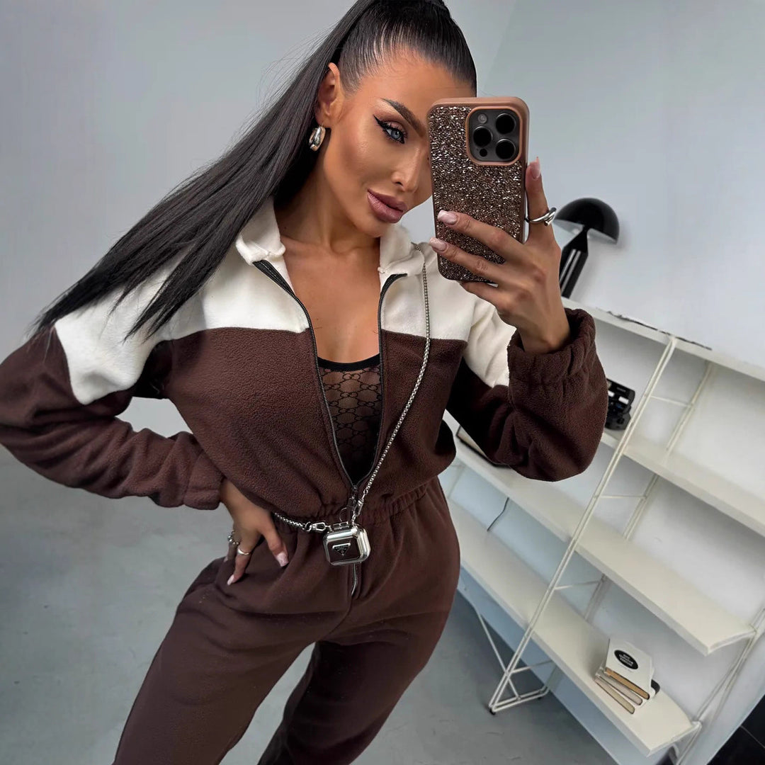 Damen Fleece-Jumpsuit mit Kapuze und Reißverschluss Drune