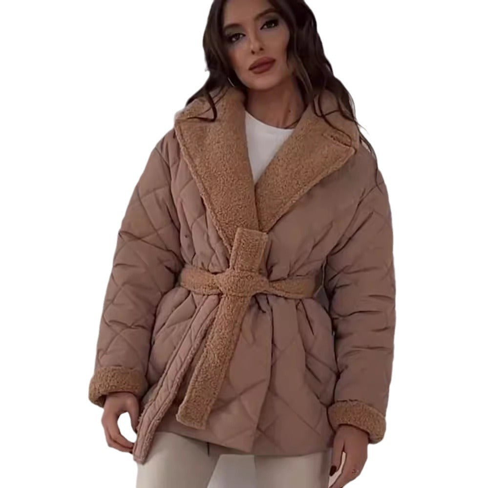 Damen gesteppte Winterjacke mit weichem Kragen und Gürtel Drune