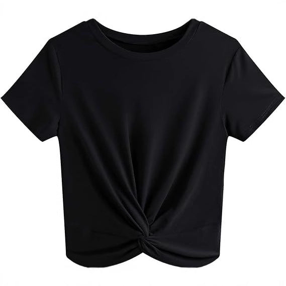 Damen Kurzarm T-Shirt mit Knoten und elastischem Stoff Drune