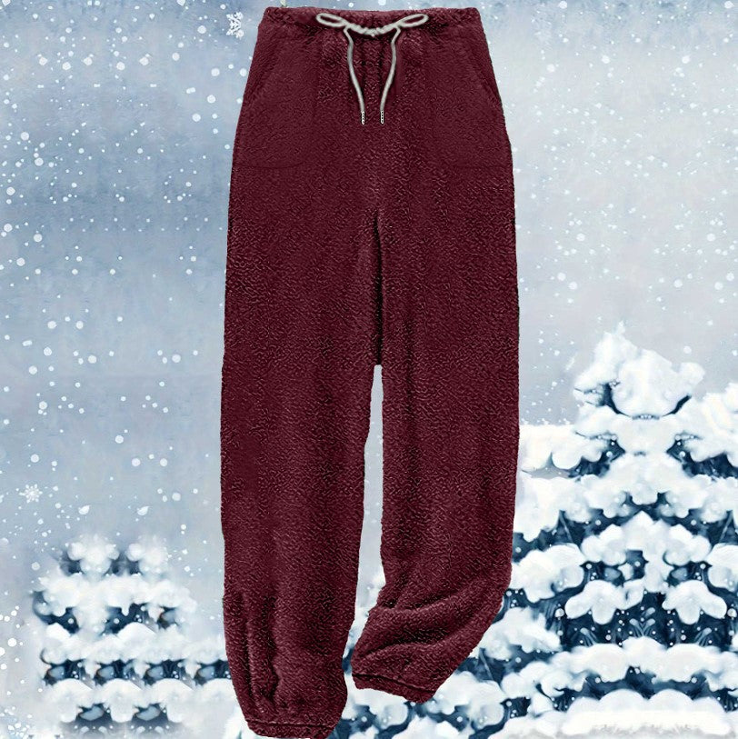 Damen nan kuschelige Sherpa-Fleece Loungehose mit Kordelzug, hoher Taille und elastischen Bündchen Drune