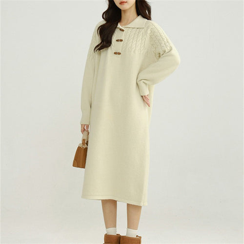Damen Strickkleid mit Kragen und Knopfdetails Drune