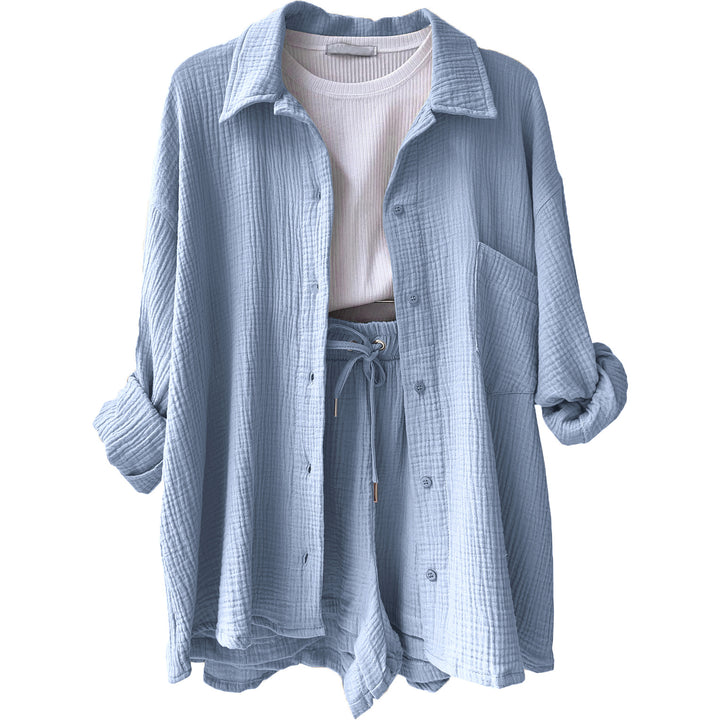 Damen lässiges Komfort-Set aus kurzem Top und Oversized-Hemd Drune