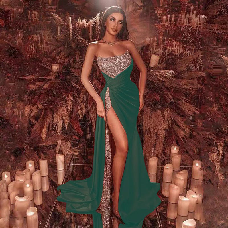 Damen Glamouröses Abendkleid mit schimmerndem Oberteil und verführerischem Schlitz Drune