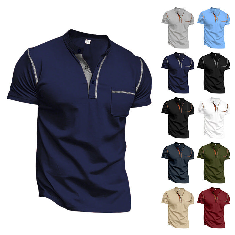 Herren nan modernes Kurzarm-Henley mit Stehkragen, Kontrastnähten und aufgesetzter Brusttasche Drune