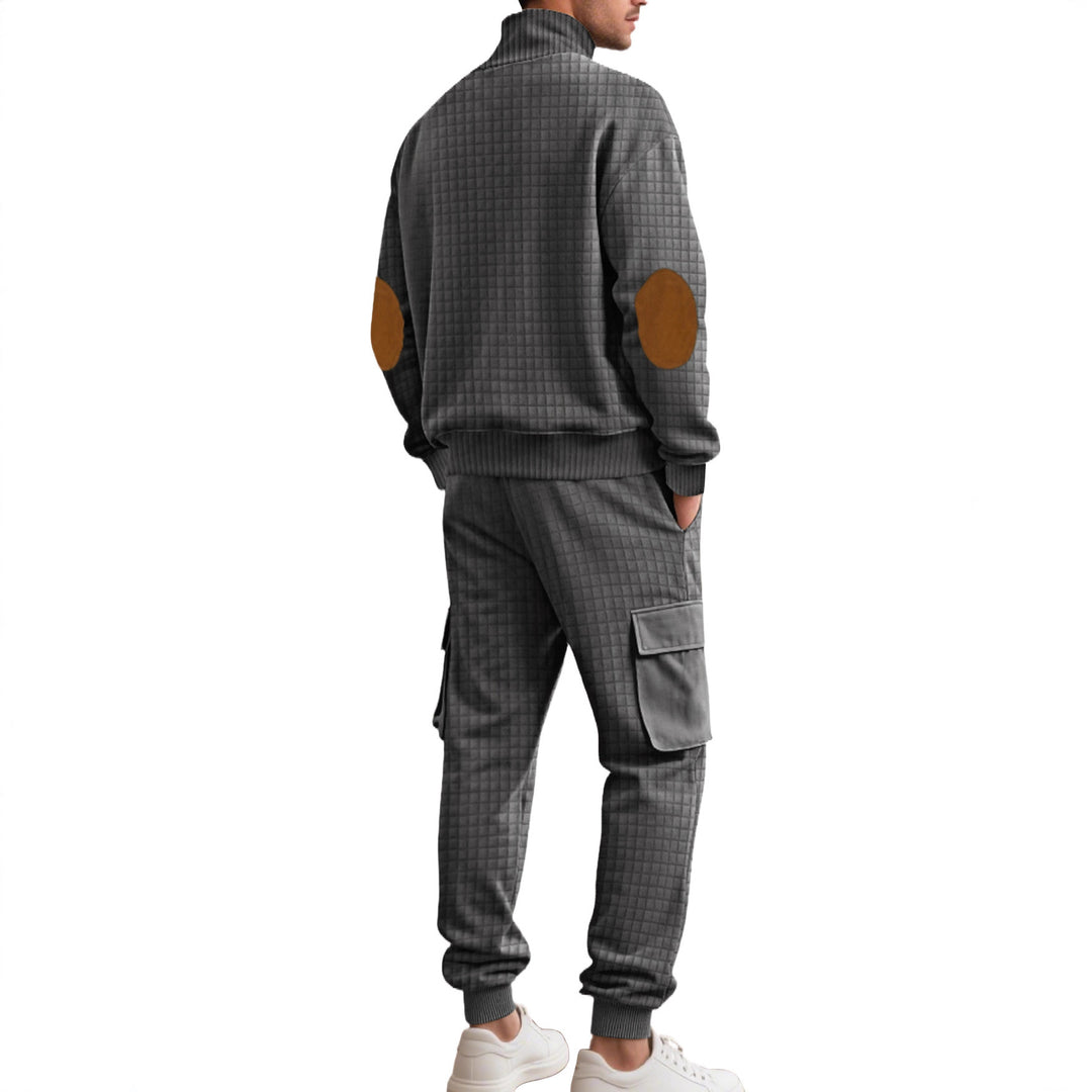 Herren nan Karo-Relief-Sweatset mit Stehkragen-Knopfleiste, Velours-Ellenbogenpatches und Cargo-Jogger Drune