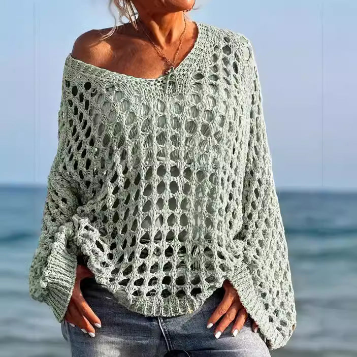 Damen Off-Shoulder Strickpullover mit luftiger Lochmaschenstruktur Drune