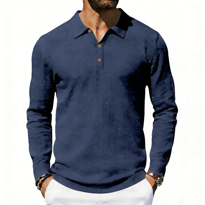 Herren nan Langarm-Poloshirt aus Leinen mit Henley-Knopfleiste und Kentkragen Drune