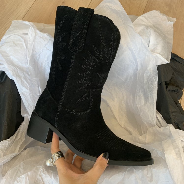 Damen nan Wildleder Westernstiefel mit spitzer Kappe und mittelhohem Blockabsatz Drune