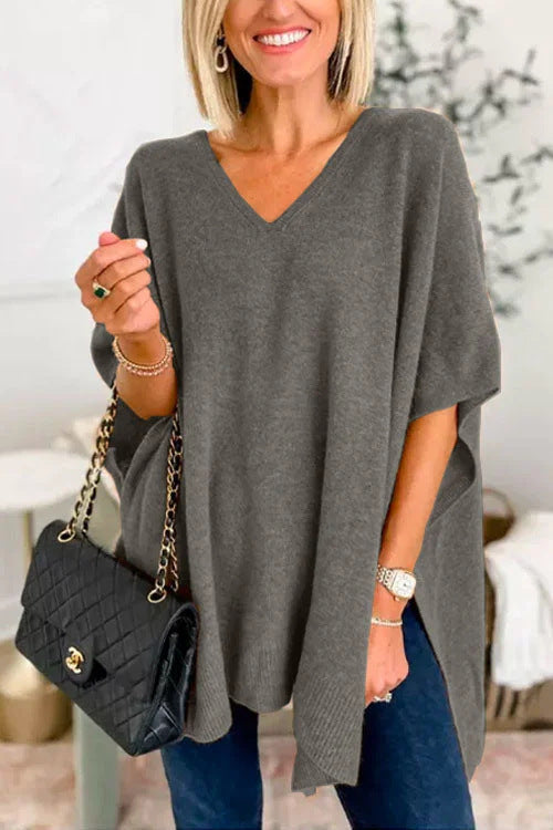 Damen lässiger Strickponcho mit V-Ausschnitt und überschnittenen Ärmeln Drune