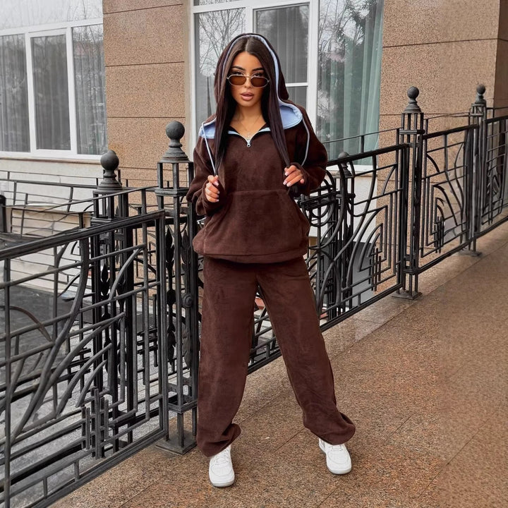 Damen kuscheliger Fleece-Jogginganzug mit hohem Kragen undKordelzug Drune