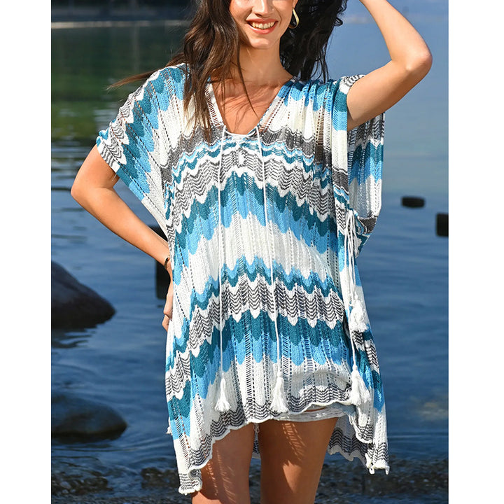 Damen lässiger Strandkimono im Wellenmuster mit offenen Ärmeln und seitlichen Schlitzen Drune