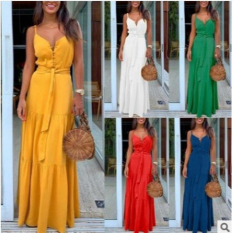 Damen Maxi-Kleid mit knöpfbarem Ausschnitt und Taillengürtel Drune