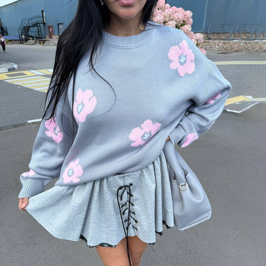 Damen Strickpullover mit floralem Muster und lässigem Schnitt Drune