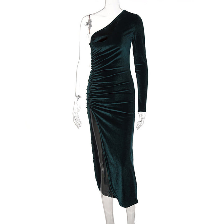 Damen stilvolles Ein-Schulter-Kleid mit Raffungen und Schlitz Drune