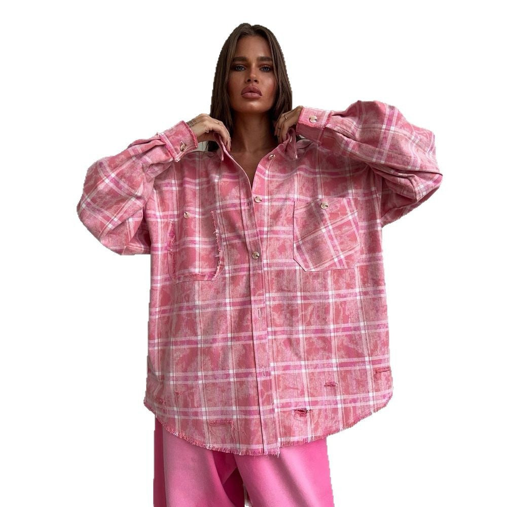 Damen Oversized Hemdbluse im lässigen Karo-Design mit Fransen Drune