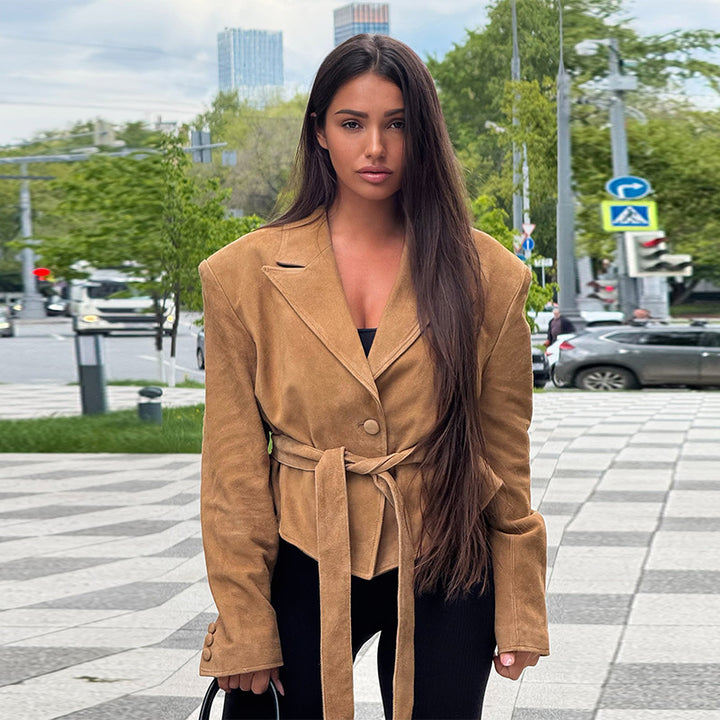 Damen Samt Blazer mit Taillengürtel Drune