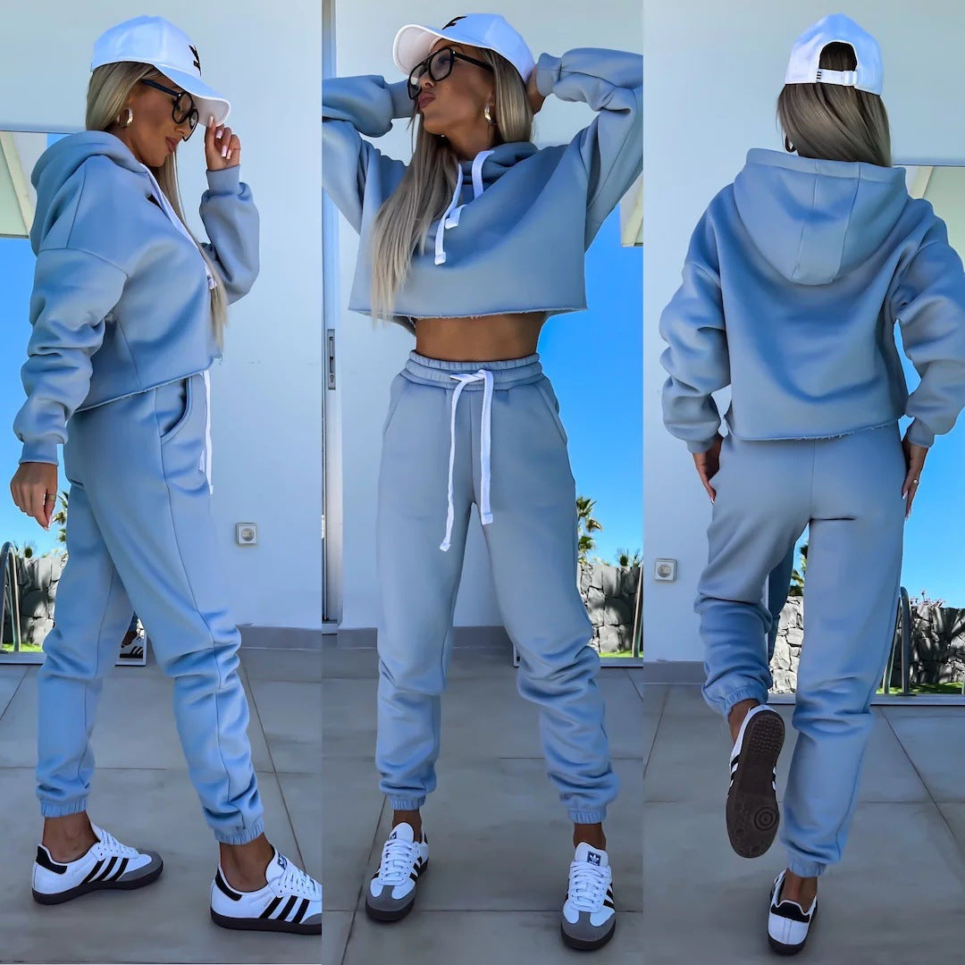 Damen Lässiges und trendiges Jogging-Set mit cropped Hoodie und bequemen Hosen Drune