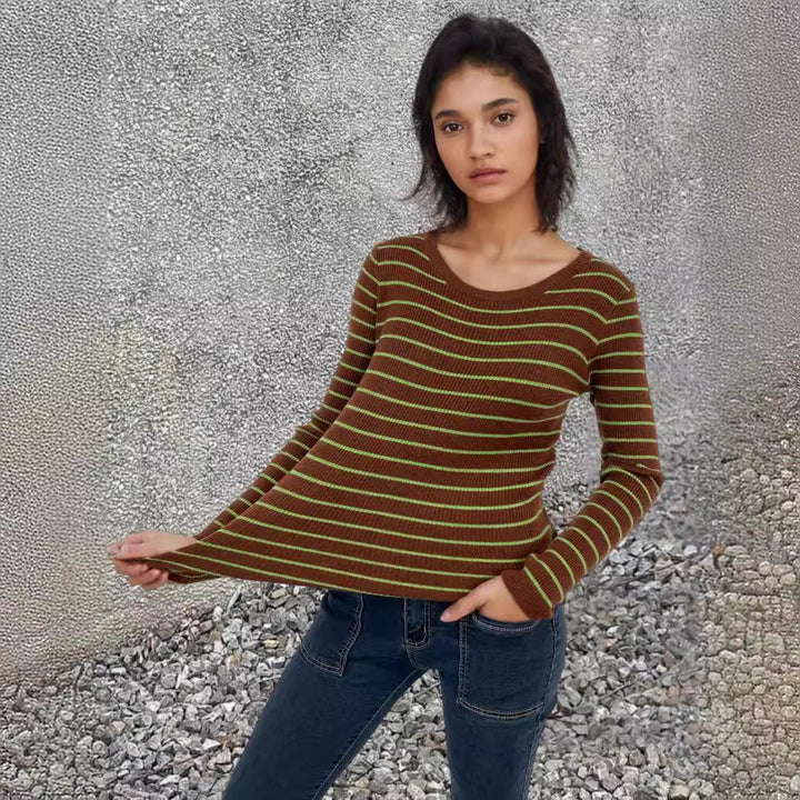 Damen Rippenpullover mit gestreiftem Design und verlängerten Ärmeln Drune
