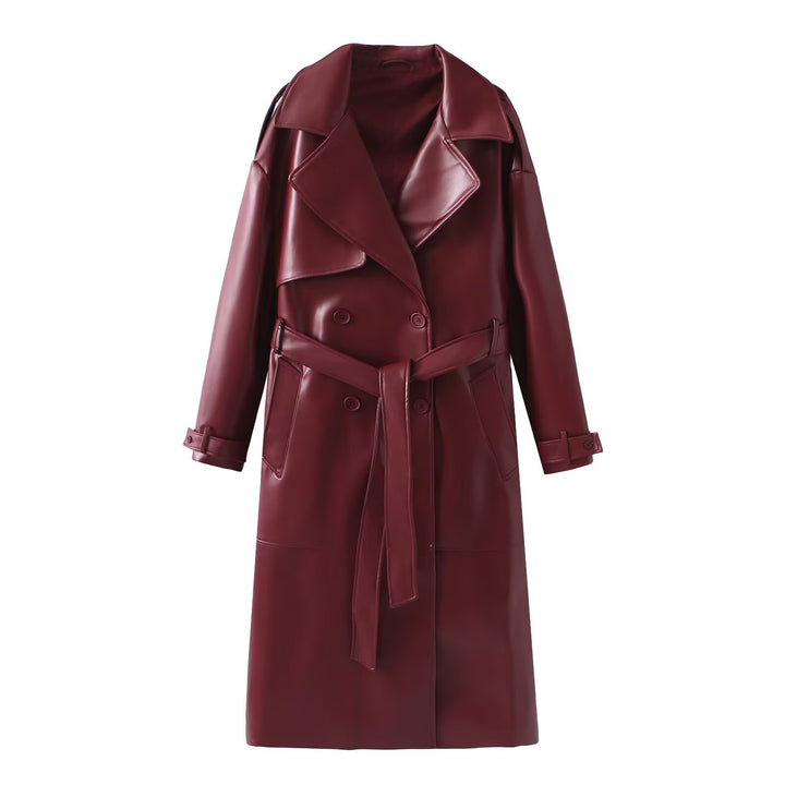 Damen Kunstleder-Trenchcoat mit elegantem Schnitt und taillierbarem Gürtel Drune