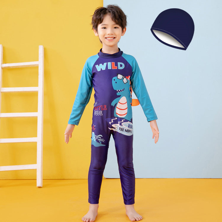 Jungen UV-Schutz Schwimmanzug mit langen Ärmeln und süßem Dinosaurier-Motiv Drune