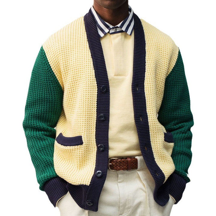 Herren Lässige Strickjacke im modernen Waffelmuster mit Kontrastärmeln und praktischen Taschen Drune