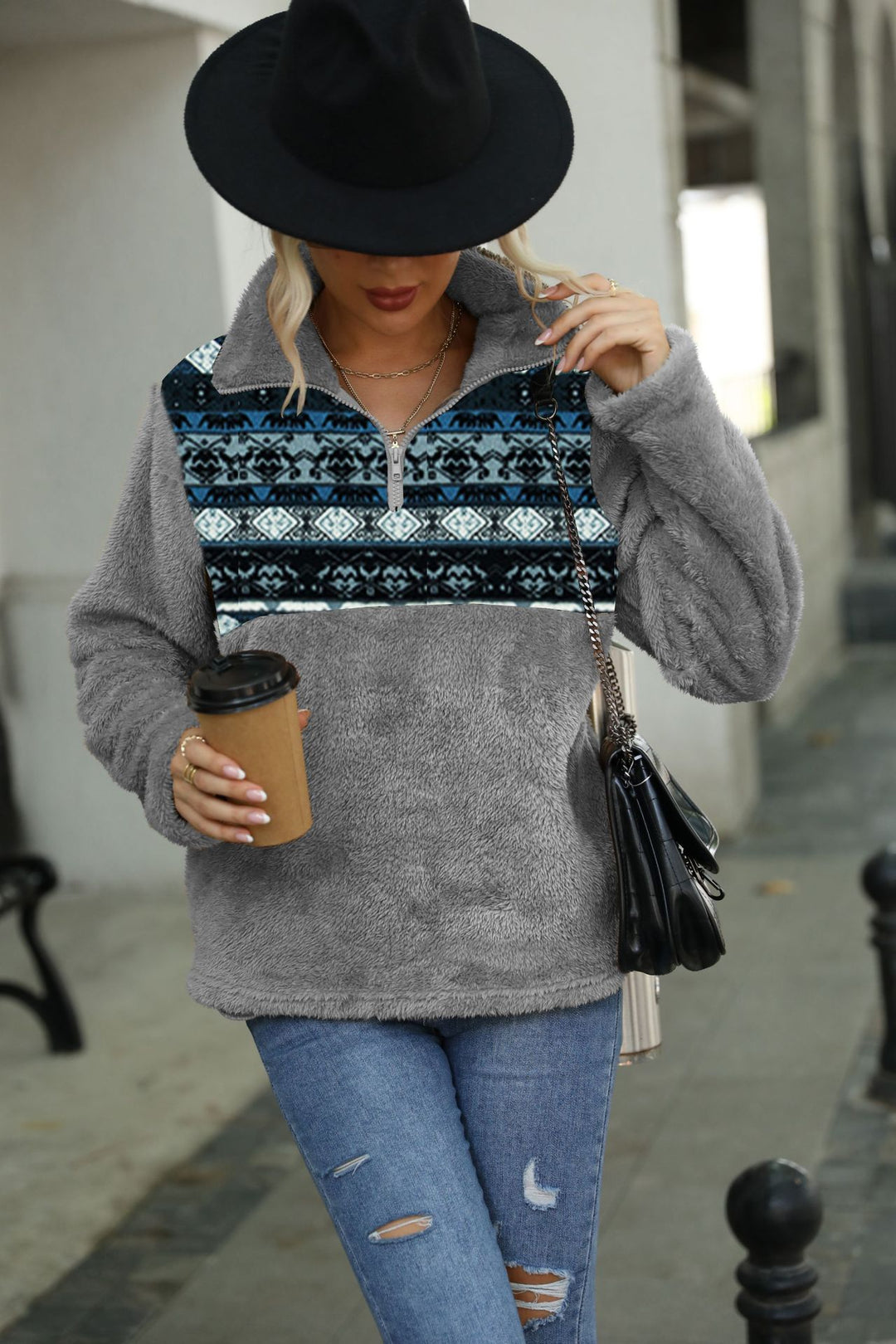 Damen Fleece-Pullover mit dekorativem Reißverschluss und modernem Muster Drune