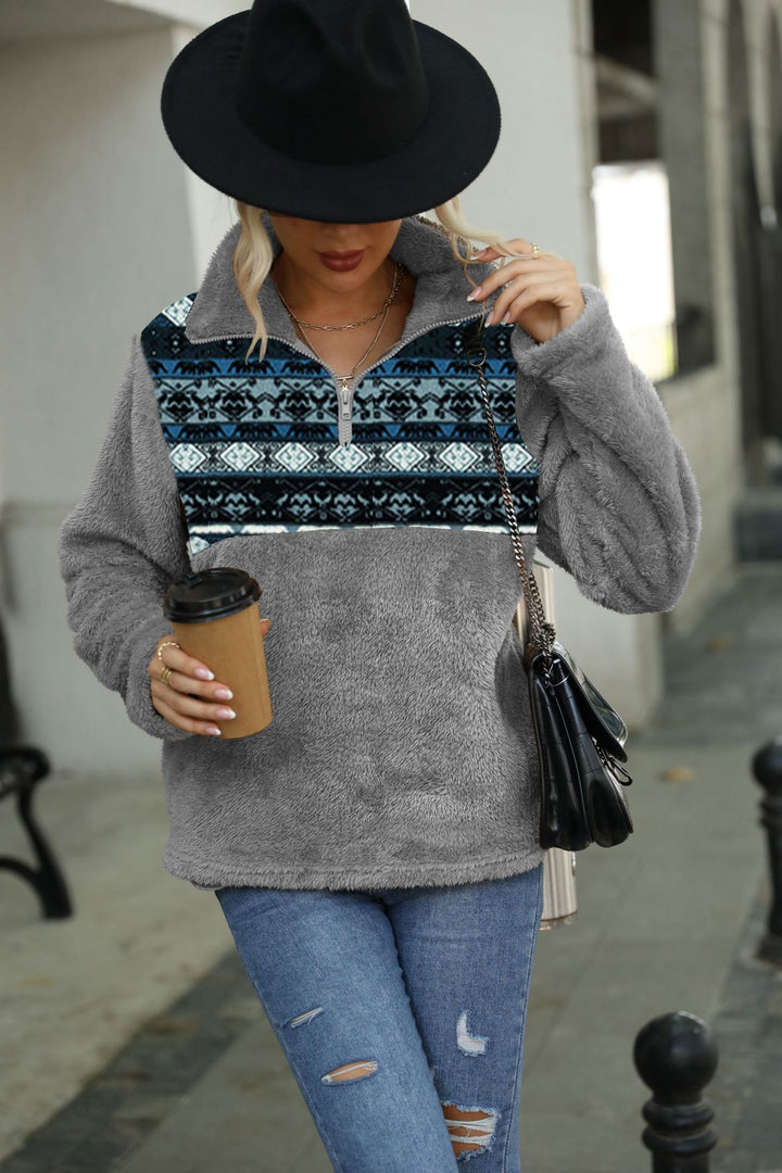 Damen Fleece-Pullover mit dekorativem Reißverschluss und modernem Muster Drune