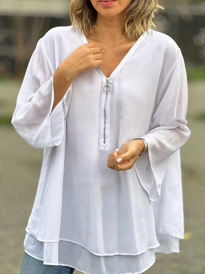 Drune | Chiffon Lockere Passform V-Ausschnitt mit Reißverschluss 3/4 Ärmel Geschichteter Saum